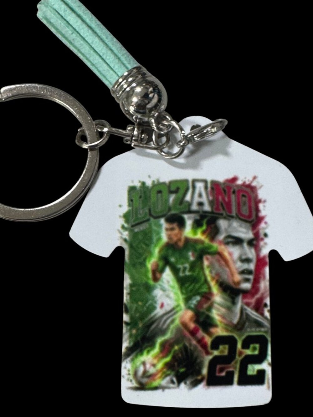 Lozano #22 Soccer Player Jersey-Shaped Metal Keychain with Teal Tassel, Mexico